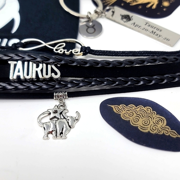 Taurus Zodiac ✦ Leather Bracelet Bundle ✦ Keychain Stickers Hair Tie & Mask NWT - Picture 4 of 12
